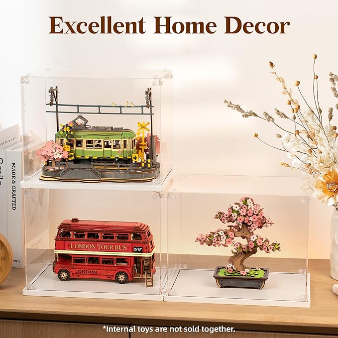 ROBOTIME Acrylic Display Case for Miniature House Building Sets, Clear Dust Cover Dsplay Case for Collectibles Display, Storage Bins with Reserved Wiring Port(10.3x7.2x8.0 inch)