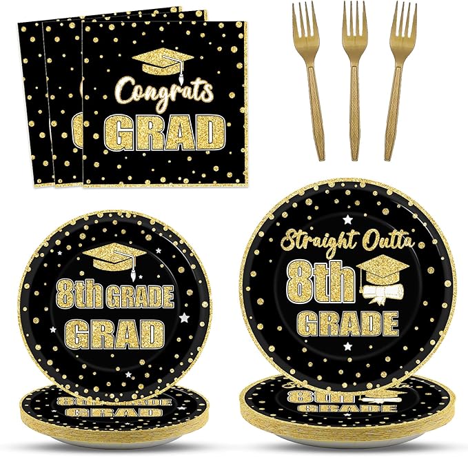 96 Pcs 8th Grade Grad Party Supplies for 24 Guests Eighth Grade Tableware Plates Napkins Teens Graduation Dinnerware Table Decorations for Congrats Grad Party Supplies Straight Outta 8th Party Favors