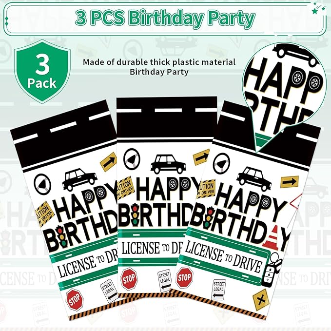 3Pcs Drivers License 16th Birthday Plastic Tablecloth 16th Car Theme Table Cover Waterproof New Driver Car Road 16th Table Cloth for Learner Driver 16 Years Old Party Decorations 54 x 108 Inch
