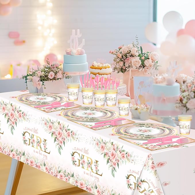 Baby Shower Decorations for Girl 278 Pcs Pink Floral Baby Shower Party Supplies: Little Girl Is on Her Way Banner, Plates, Napkins, Cups,Tablecloth, Balloons, Serve 24