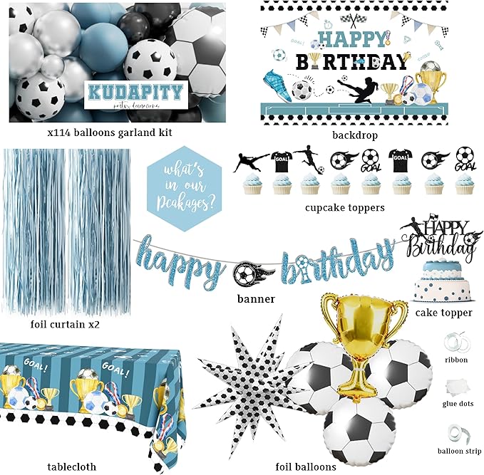 Soccer Birthday Party Decorations Kit for Boys, American Soccer Birthday Party Supplies Set, Soccer Football Party Decor with Backdrop Tablecloth Cake and Cupcake Toppers for Kids Boys Party Decor
