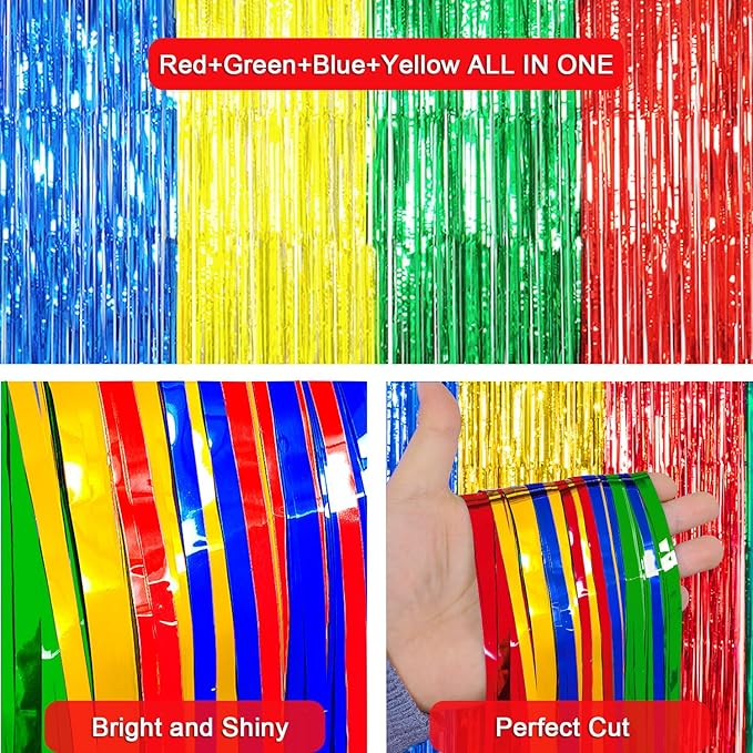 Super Bros Birthday Party Decoration, 4 Pack Red Green Blue Yellow 3.3 x 6.6ft Foil Fringe Curtains Tinsel Photo Booth Props Streamers Backdrop for Video Game Mario Theme Birthday Party Supplies