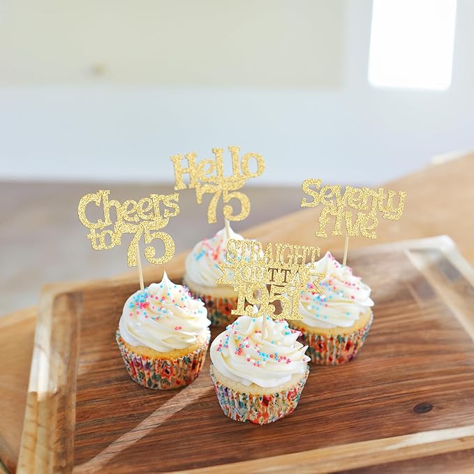 Ephlyn 24Pcs 75th Birthday Cupcake Toppers Glitter Straight Outta 1951 Cupcake Picks Hello 75 Cheers to 75 Years Cake Decorations for 75th Birthday Anniversary Party Decorations Supplies Gold