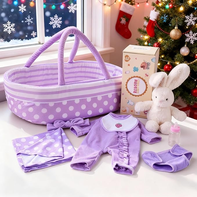 BABESIDE 8 Pcs Reborn Baby Doll Clothes with Bassinet for 17-22 Inch Babydolls, Reborn Baby Doll Accessories fit Dolls Girls, Baby Dolls Clothes for Realistic Dolls,Toy Gift for Kids