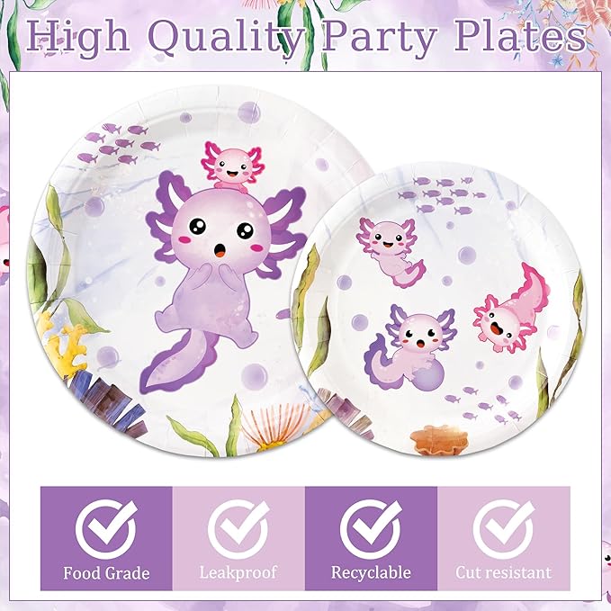 96Pcs Purple Axolotl Cute Cartoon Animals Party Plates Supplies Tableware Decorations Disposable Paper Plates Napkins Forks for Kids Birthday Baby Shower, Serves 24