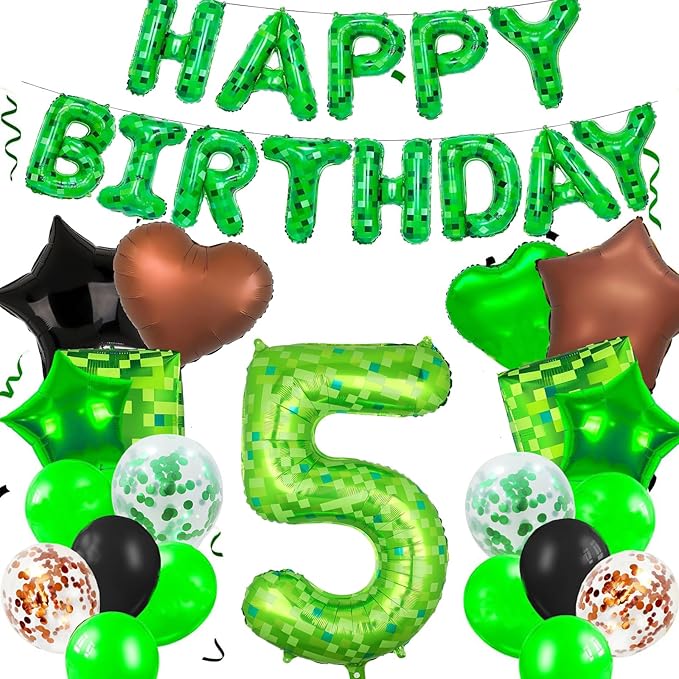 34Pcs Pixel Happy Birthday Party Decorations Set Green Pixel Miner Number 5 Foil Balloon Large Mylar Mining Theme 5th Number Balloons Video Game Party Supplies Cubes Boxes Decor