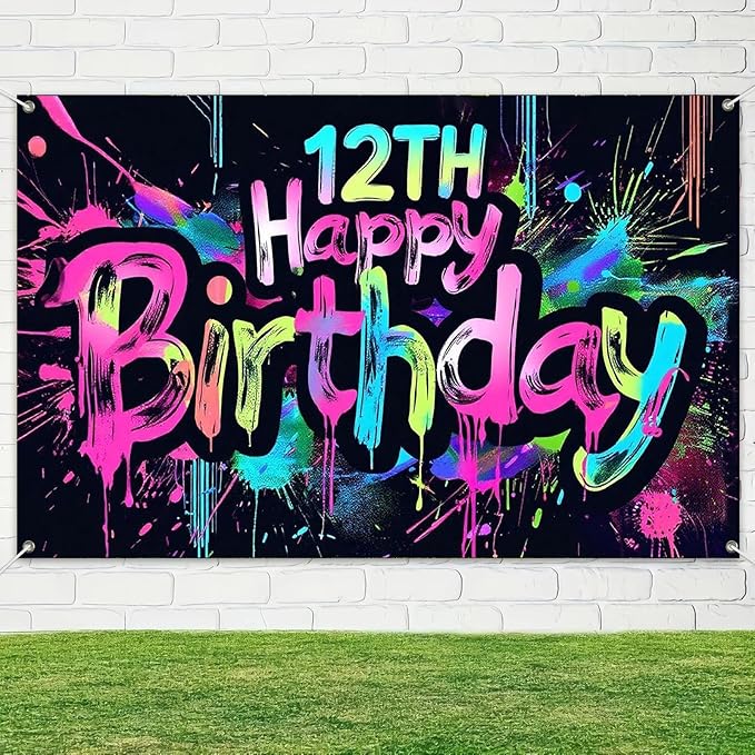 Neon 12th Happy Birthday Banner 71x43 Inch Paint Splatter Glow in The Dark Party Backdrop Colorful Wall Decor for Kids Boys Girls Twelfth Birthday Celebrations Photo Booth Props Event
