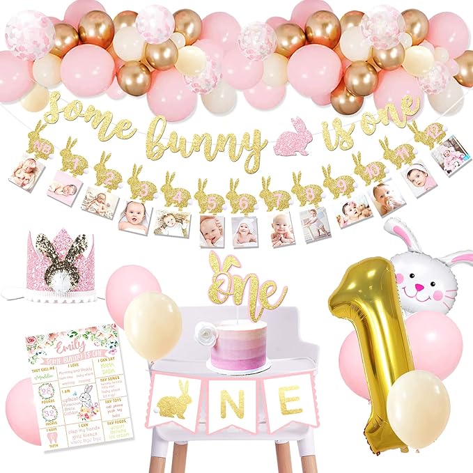 Some Bunny is One Birthday Party Supplies, Some Bunny is One First Birthday Decorations, Bunny 1st Birthday Decorations for Girls, Some Bunny is One banner for Spring Easter Rabbit Themed Baby Girls 1st Birthday
