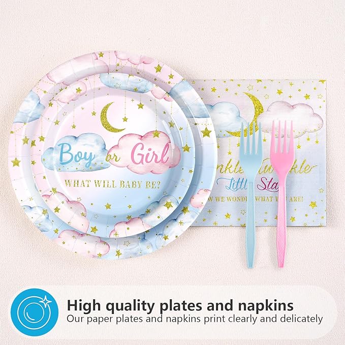 Grencian 96Pcs Twinkle Twinkle Little Star Gender Reveal Party Supplies Plates and Napkins Baby Shower Disposable Tableware for Baby Girls or Boys Gender Reveal Party Decorations Serve 24