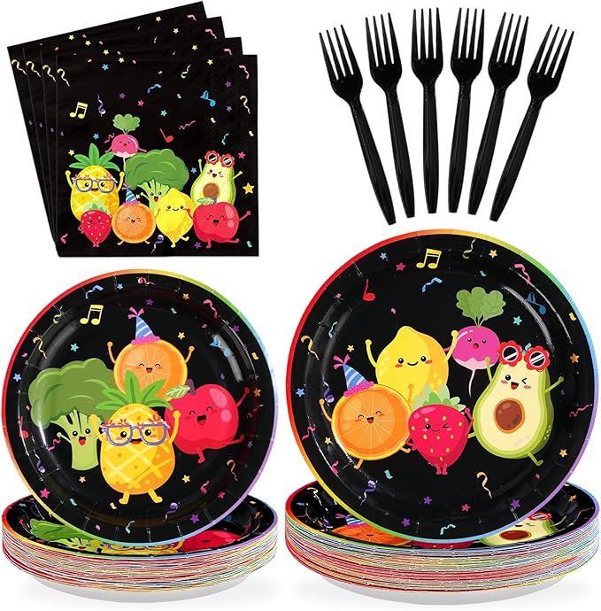200 Pcs Dancing Fruit Party Decorations Dancing Fruits Plates and Napkins Fruits Themed Paper Dessert Plates for Kids' Birthday Baby Shower Party Supplies Serves 50