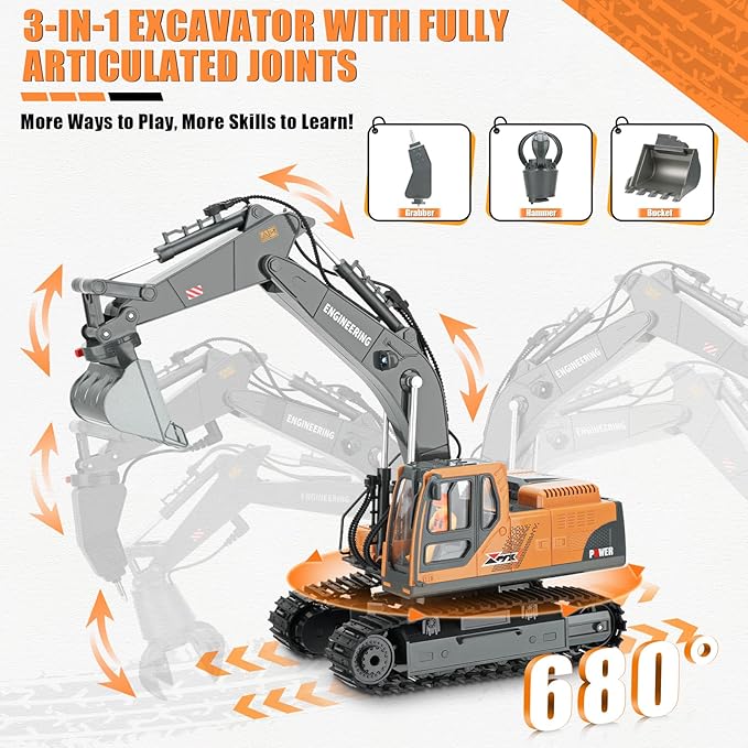RC Excavator Toy for Boys 3-12, 3-IN-1 Bucket/Claw/Drill, 2.4GHz 14 Channel Construction Truck with 680°Rotating, 2400mAh Battery/LED Lights/Realistic Sounds, Durable Engineering Vehicle Gift for Boys