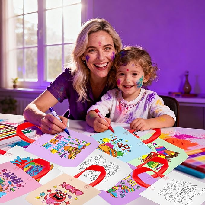 Holi Coloring Goodie Bags for Kid - 24Pcs Happy Holi Color Your Own Gift Bags with Handle Reusable Non Woven Coloring Tote Packet for Classroom DIY Painting Indian Festival Holiday Spring Party Favor