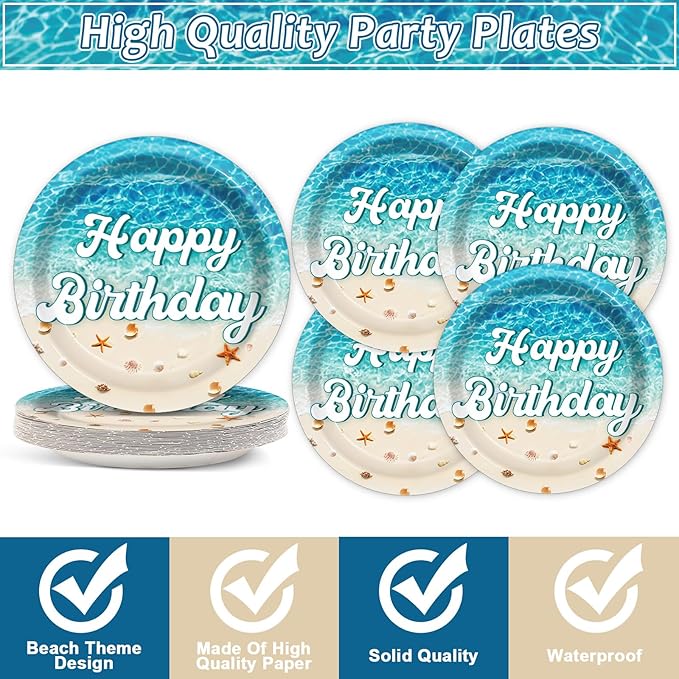 CHUNNIN 96Pcs Beach Happy Birthday Plates and Napkins Ocean Waves Ocean Seashell Party Decorations Beach Themed Party Dessert Plates Summer Pool Tableware for 24 Guests Hawaiian Supplies