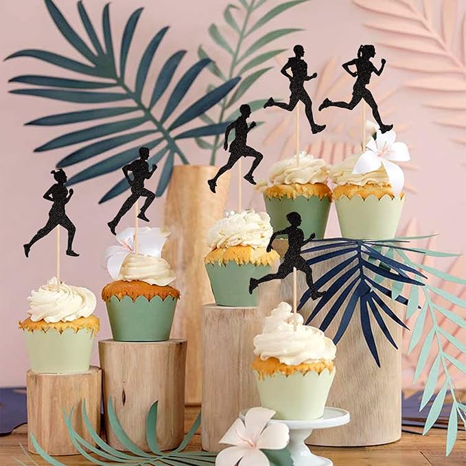 24 PCS Running Cupcake Toppers Black Glitter Sports Fitness Cupcake Picks for Running Theme Boys Girls Birthday Party Cake Decorations Supplies