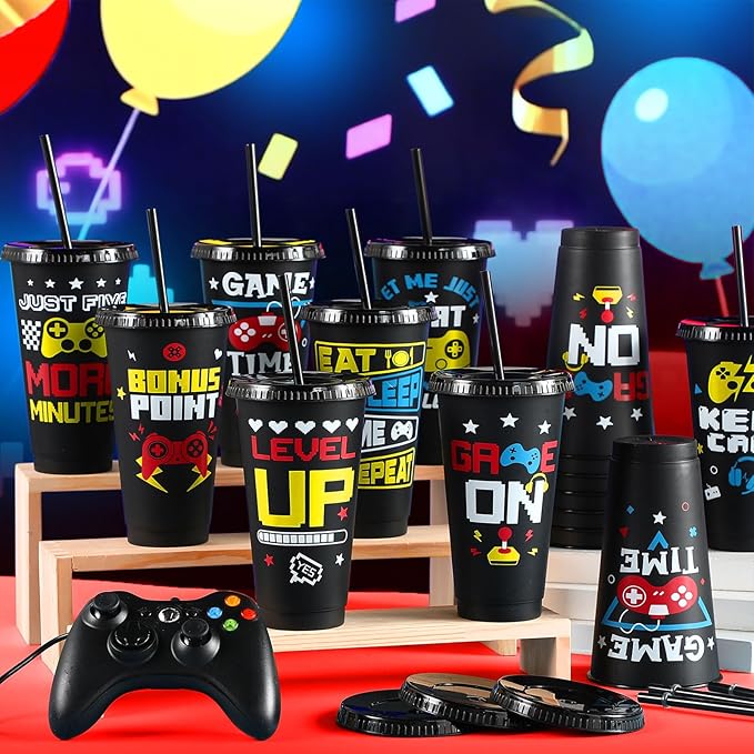 16 Pcs Video Game Plastic Cups Gaming Party Favor with Lids and Straws 24 oz Gamer Reusable Tumbler Water Mug for Fun Video Birthday Party Supplies for Adults (Black)