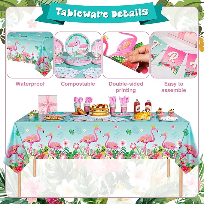 Buryeah 179 Pieces Flamingo Birthday Party Supplies Tropical Hawaiian Party Decorations for Girls Kids Included Banner Tablecloths Hanging Swirls Plates Napkins Cups Forks Spoons Knife for 24 Guests