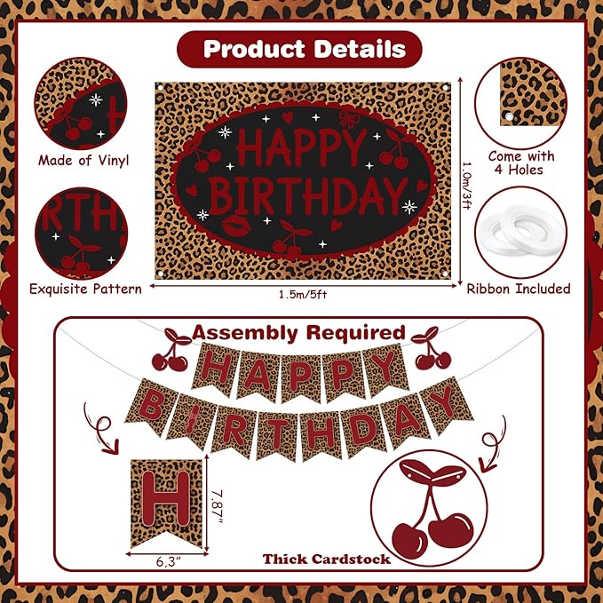 Cheereveal Cheetah Cherry Birthday Party Decorations Kit, Happy Birthday Leopard Backdrop Banner, Cherry Cake Topper Cupcake Picks, Safari Red Black Leopard Print Balloons for Girls Women Bachelorette