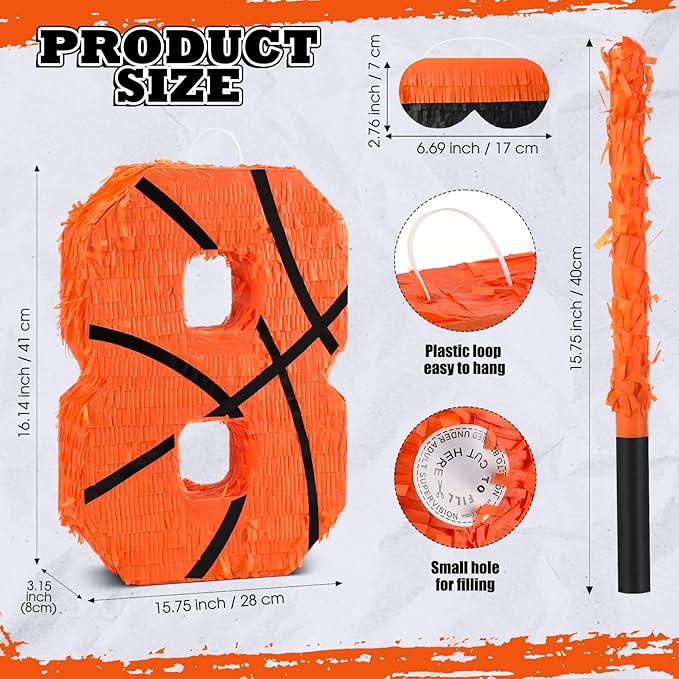Soulchen Basketball Number 2 3 4 8 Pinata Basketball Party Decorations 16 Inch Piñata with Blindfold Stick and Confetti for Birthday Sports Theme Party Supplies Centerpiece(Number 8)