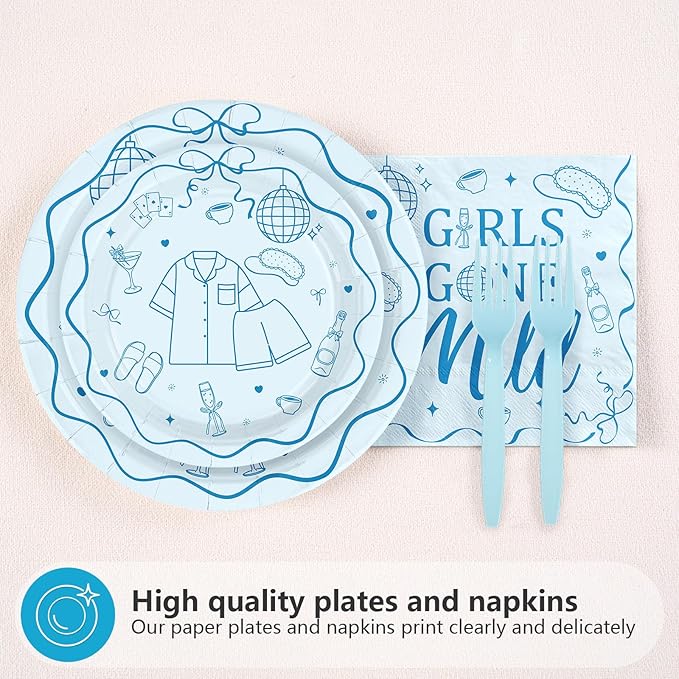 96Pcs Girls Gone Mild Party Decorations Blue Sleepover Plates and Napkins Tableware Sets Girls Night Decorations for women Sleepover Wedding Bachelorette Bridal Shower Party Supplies Serves 24