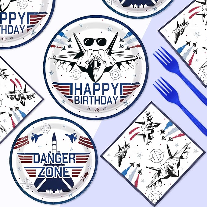 96 Pcs Fighter Jet Pilot Birthday Decorations Military Jet Plates and Napkins Top Air Force Gun Tableware Set Airplane Birthday Party Decorations for Pilot Aviation Aircraft Party Supplies Serves 24