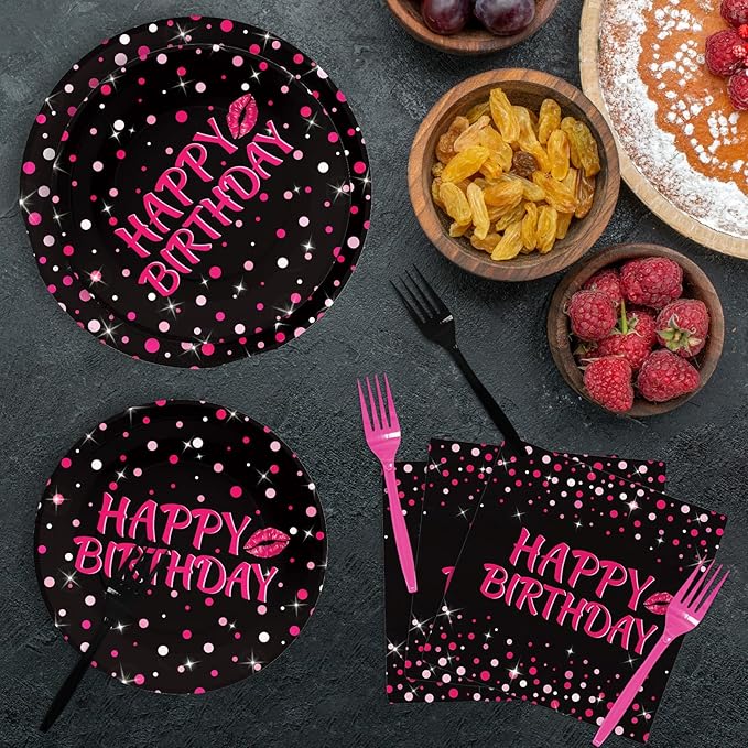 Grencian 96Pcs Hot Pink and Black Birthday Party Supplies Hot Pink Dots on Black Paper Plates and Napkins Disposable Happy Birthday Tableware Set for Women Black and Pink Birthday Decorations Serves24