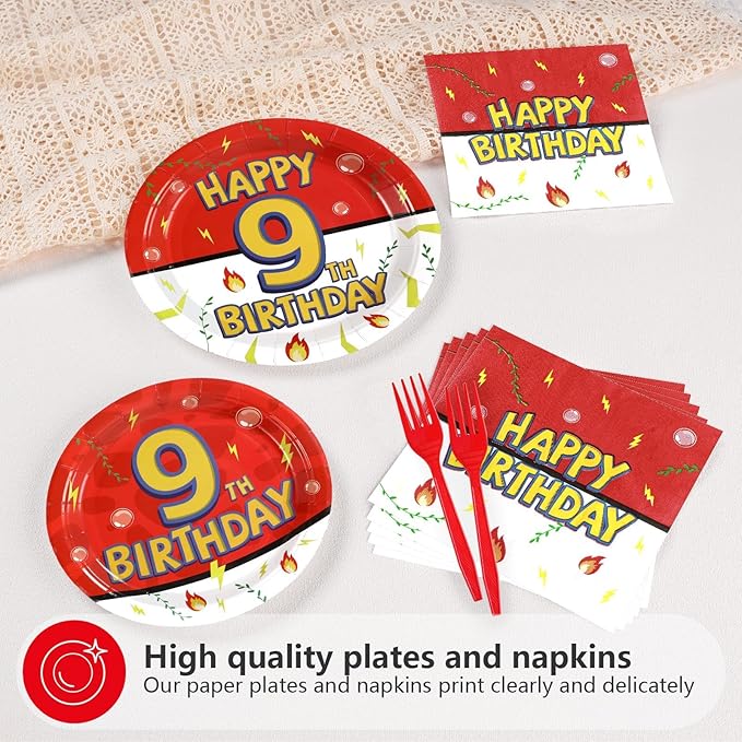 Grencian 96Pcs Happy 9th Birthday Party Supplies Cartoon Anime Themed Paper Plates and Napkins Tableware Sets Red and White Decoration for 9 Year Old Birthday Kids Children Party Serves 24