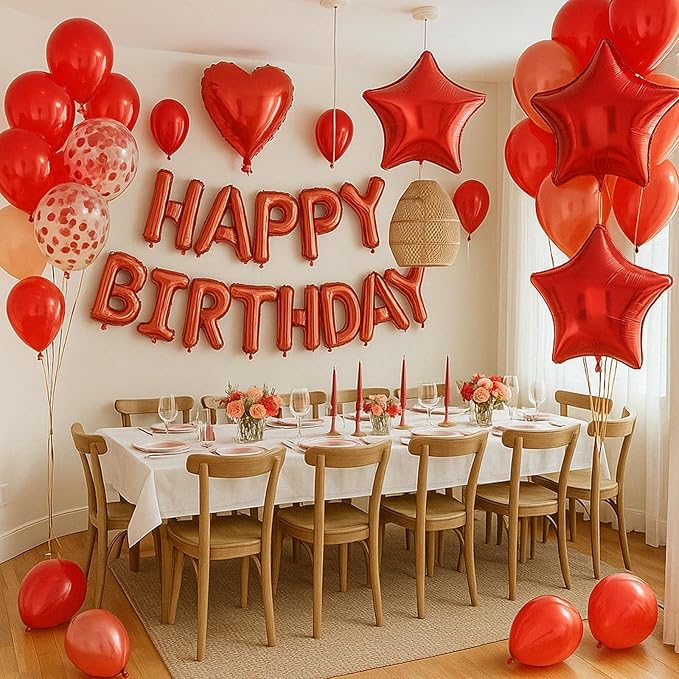 29PC Red Happy Birthday Balloon Banner, 16 Inch 3D Aluminum Letter Banner Sign, Metallic Hot Pink Red Confetti Balloons 18 Inch Star Heart Foil Balloons for Women, Men Party Supplies