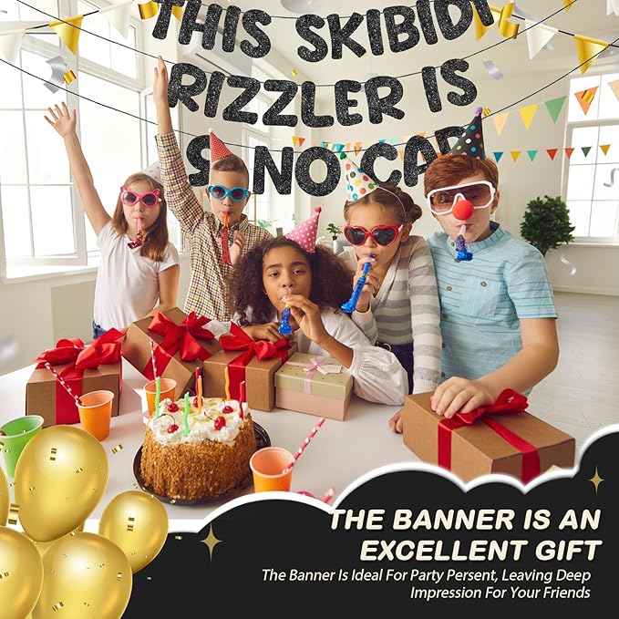 Fulmoon Pre Strung This Skibidi Rizzler Is 9 No Cap Glitter Banner 9th Birthday Party Decorations, Funny Birthday Sign, Party Supplies, Ideas, Gifts, Black