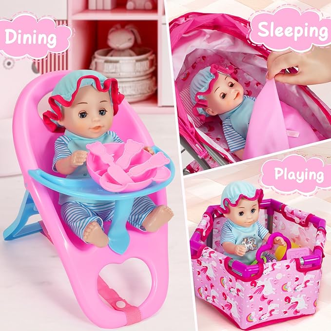 Unicorn Baby Doll Stroller Set with 11'' Baby Doll, Foldable Doll Stroller, Playpen, Dining Chair and 24 PCS Baby Doll Accessories, Doll Playset Toy for Girls Toddlers 3-5 4-6 Birthday Gifts