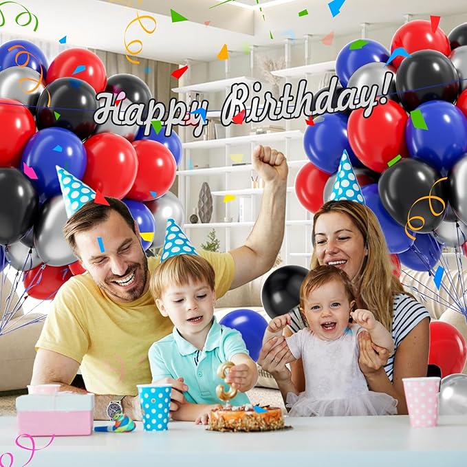60pcs Spider Theme Balloons, Black Silver Red and Blue Balloons for Baby Shower Spider Theme Birthday Party Decorations