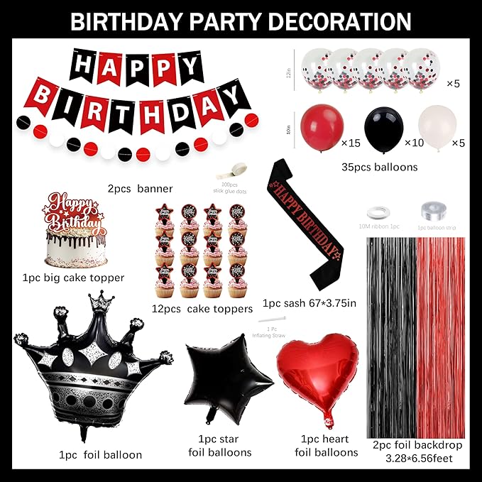 Red And Black Birthday Decorations for Women,Fringe Curtains Happy Birthday Banner,Red balloons,Cake Toppers for girls