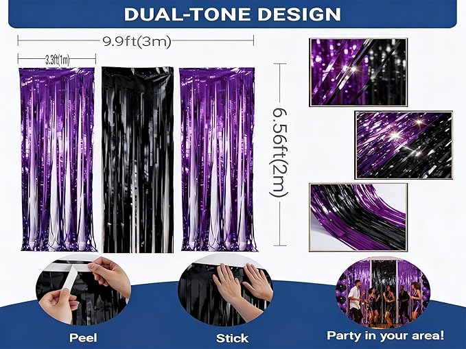 3 Packs Purple Black Foil Fringe Curtains, Birthday Party Decorations Backdrop Tinsel Steamer, Wedding Engagement Bridal Shower Party Decorations Retirement Decor Graduation Party Backdrop