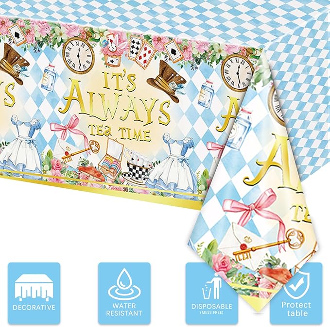 3PCS Wonderland Themed for Girls Kids Baby Shower 1st 2nd Birthday Party Decorations Tea Party Table Cover Table Cloth -54x108in