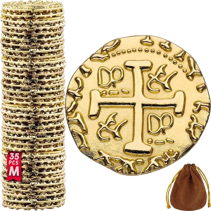 Leib Games Gold Metal Pirate Coins - 35 Leprechaun Metal Gold Coins for St Patricks Day, Game Tokens, Toys & Cosplay - Fake Coins Set for Pirate Treasure Chest - Diameter: 7/8"