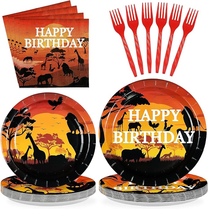 96Pcs African Safari Birthday Party Decorations Savanna Sunset View Plates and Napkins African Forest Jungle animals Scenic Tableware Set for Safari Theme Birthday Party Favors，Serves 24