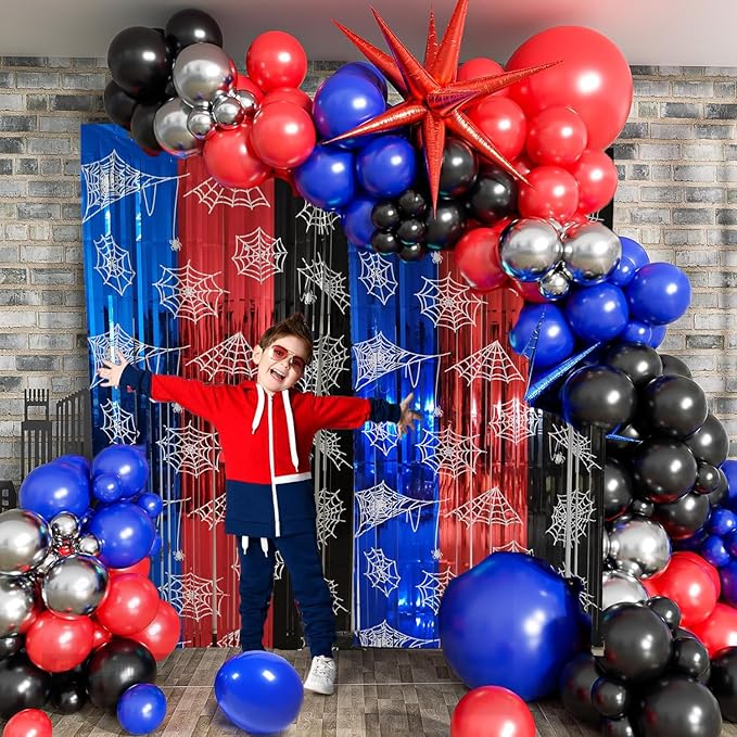 Spider Web Birthday Decorations 2 Pack Spider Party Supplies 3.3x6.6ft Red Blue and Black Spidey Tinsel Foil Fringe Curtains Backdrop Red and Blue Streamers Spider Theme Party Decorations