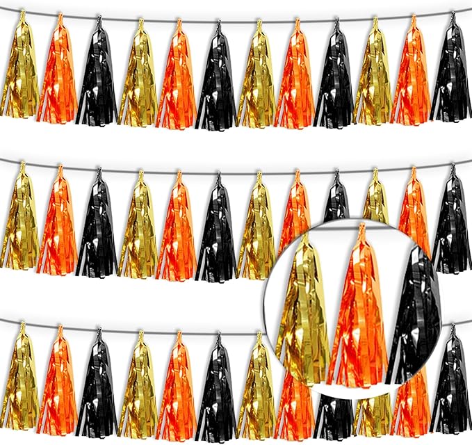 3P Orange Gold Black Metallic Fringe Tassel Banner Garland Foil Tinsel Streamer Wall Hanging Curtain Backdrop Banner for Parade Floats, Graduation Decorations, Halloween, Christmas Decorations