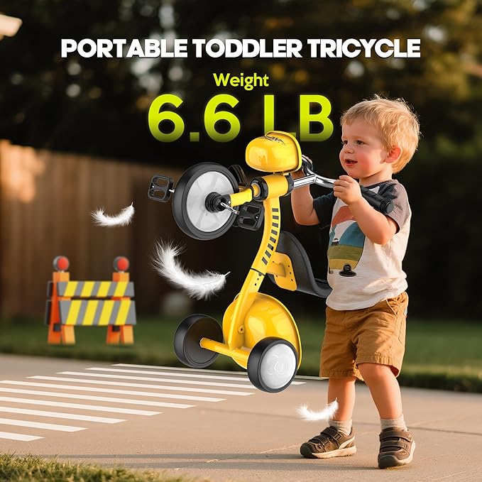 Tricycle for Toddlers 1-3 3-5 Year Olds, Construction Vehicle Toys Road Set Toddler Baby Balance Bike with Colorful Lighting Wheels & Large Basket, Birthday Gift and Toy for 1 2 3 4 5 Year Olds Boys