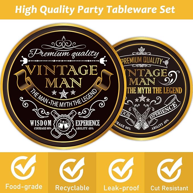 gisgfim 96 Pcs Vintage Man Party Supplies Paper Plates Napkins Vintage Theme Party Birthday Decorations Favors for Black Gold Serves 24