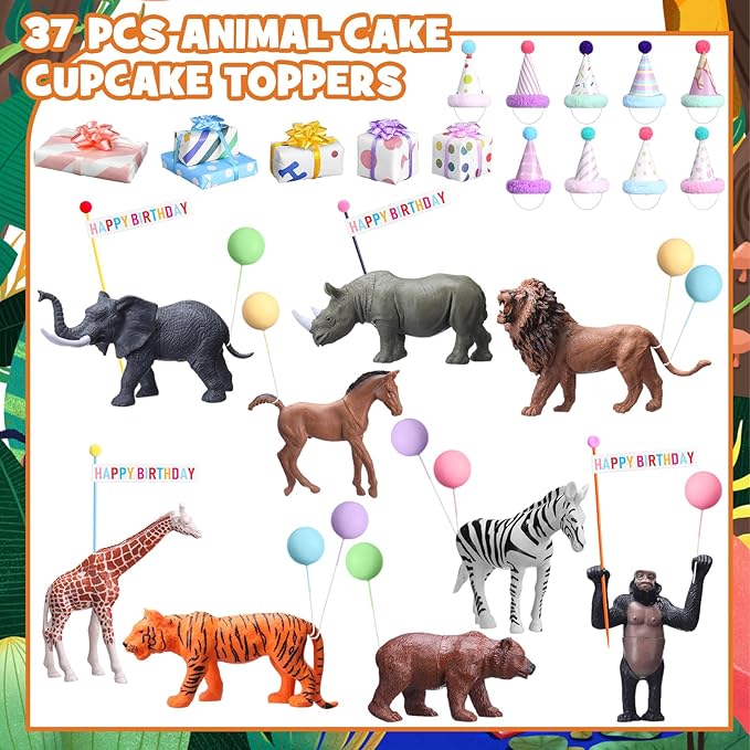 Weysat 37 Pcs Jungle Animal Birthday Party Decorations, Safari Animal Cake Toppers with Mini Hats Miniature Flags Gift Boxes Balls Figure Models for Wild Animals Birthday Party Supplies for Adults