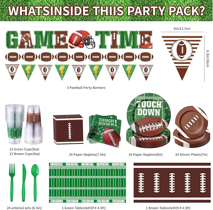173PCS Football Party Supplies Kit for 24 Guests - Football Birthday Supplies with Paper Plate Napkin Big Cup Cutlery Banners Touchdown Tablecloth Tailgate Party Decorations(A)