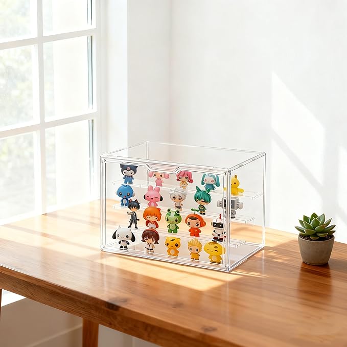 Clear Acrylic Display Case 2 Pack, Stackable 4-Tier Figure Showcase with 3 Movable Shelves, Interlocking Edges & Magnetic Door for Action Figures