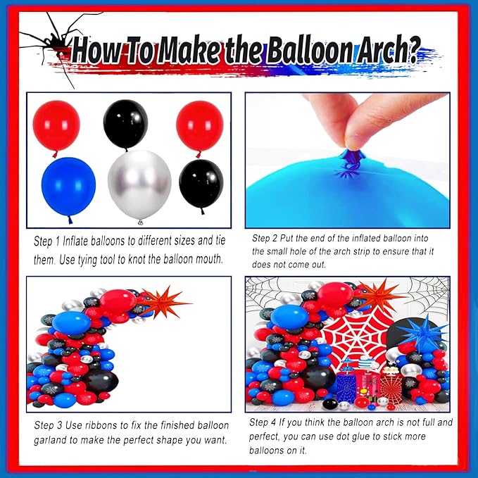 139 Pcs Blue Red Black Balloon Arch Garland Kit, for Cartoon Spider Theme Birthday Party Decorations Boys and Girls Gatherings Party Supplies