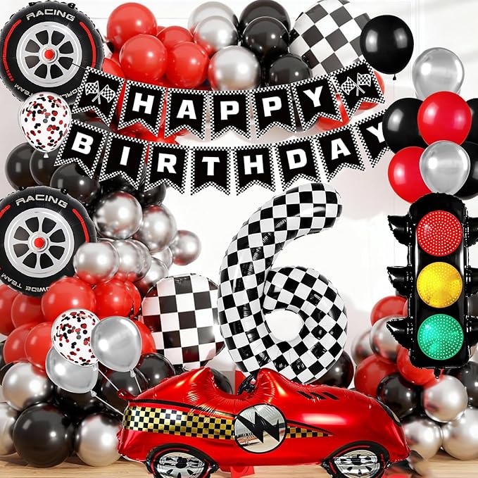 Race Car Birthday Party Decorations, with 40 Inch Number 6 Balloon, Happy Birthday Banner, Traffic Light and Foil Tire Balloon for 6th Car Themed Birthday Party Supplies