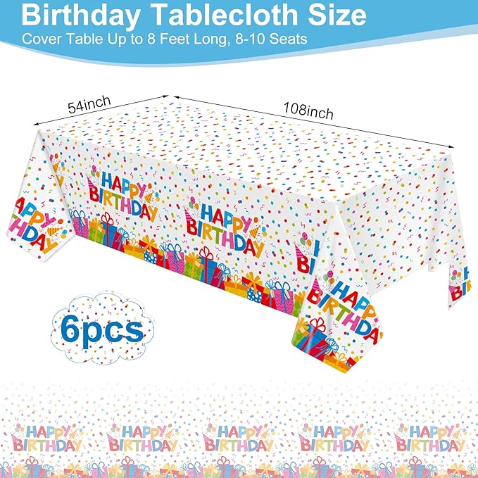 6 Pack Plastic Birthday Tablecloth, 54 x 108 Inch Disposable PE Happy Birthday Party Tablecloths Waterproof Rectangle Party Table Cover for Birthdays Parties Decor