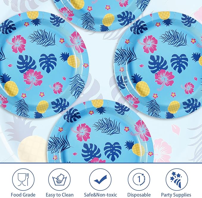 50Pcs Hawaiian Paper Plates 9 Inch Disposable Tropical Luau Blue Cartoon Hibiscus Floral Party Decorations Hawaii Aloha Dessert Themed Plates for Summer Beach Pool Holiday BBQ Birthday Party Supplies