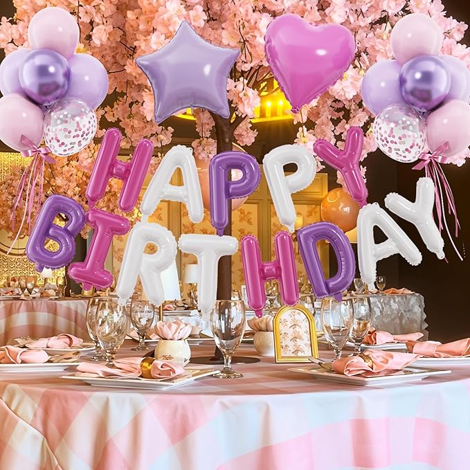 29PC Pink Purple Happy Birthday Balloon Banner, 16 Inch Foil Letters Letter Banner Sign, Pink Purple Balloons Metallic 18 Inch Star Heart Foil Balloon for Women, Men Party Supply