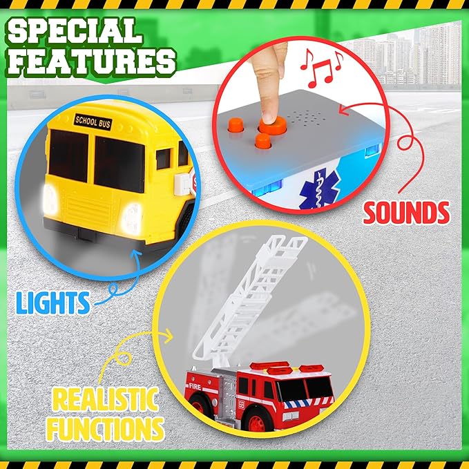 Toy Cars for Toddlers - 6Pcs Pull Back Cars Toys with Light and Sounds, City and emergency vehicles set, Including Police Car, Fire Truck, Ambulance, School bus, Tour Bus, Garbage Truck