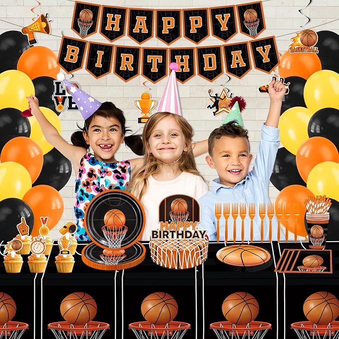 Basketball Birthday Party Decorations - 160PCS Basketball Party Supplies with Banner, Balloons, Hanging Swirls, Plates, Napkins, Cups, Forks, Straws, Tablecloths, Cake Topper, Cupcake Toppers