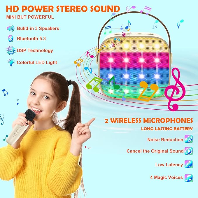 Bluetooth Karaoke Machine Toy for Kids- Mini Karaoke with 2 Wireless Microphone, Voice Changer & LED Lights, Portable Karaoke Mic for 3-8 Year Old Girls, Great for Birthday Home Party